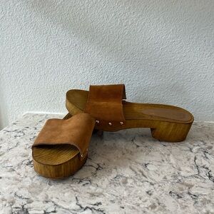 Seychelles Brown Mules with Wooden Platform